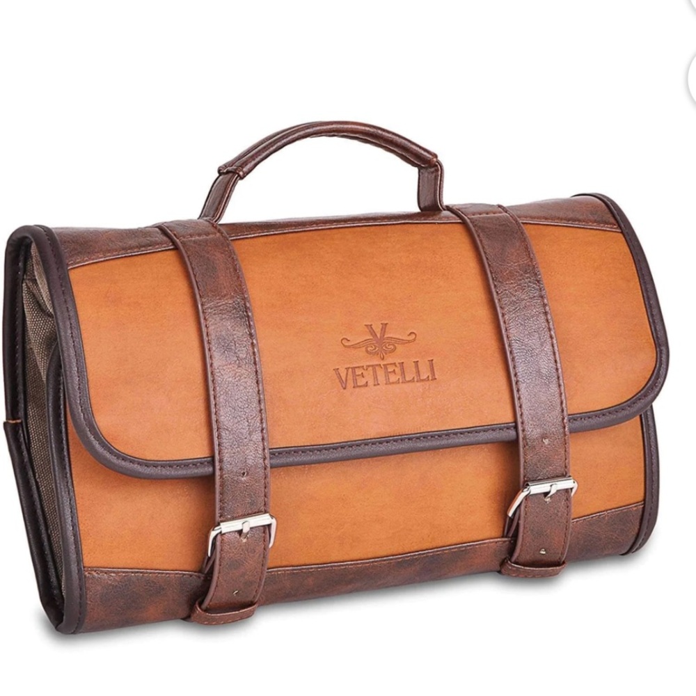 Vetelli Brown and Tan Mens Leather The Hanging Toiletry Bag NWOT